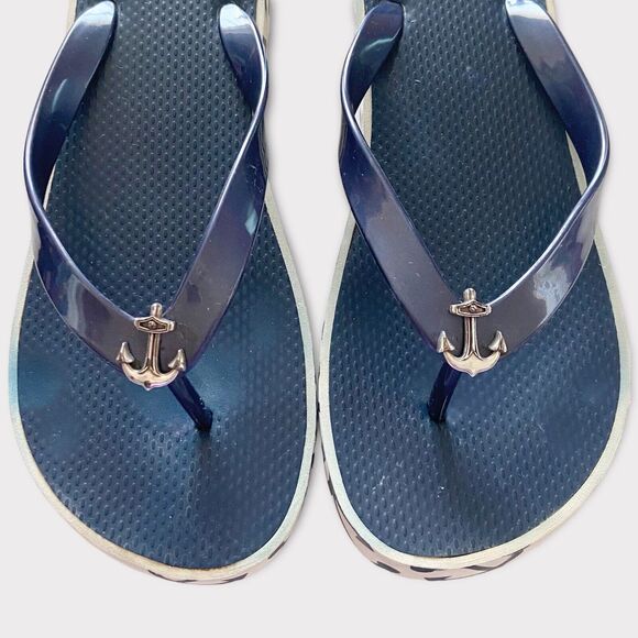 Brighton Womens Sandals Ahoy Anchor Print Nautical Blue White Flip Flops Size 9 - Picture 3 of 8